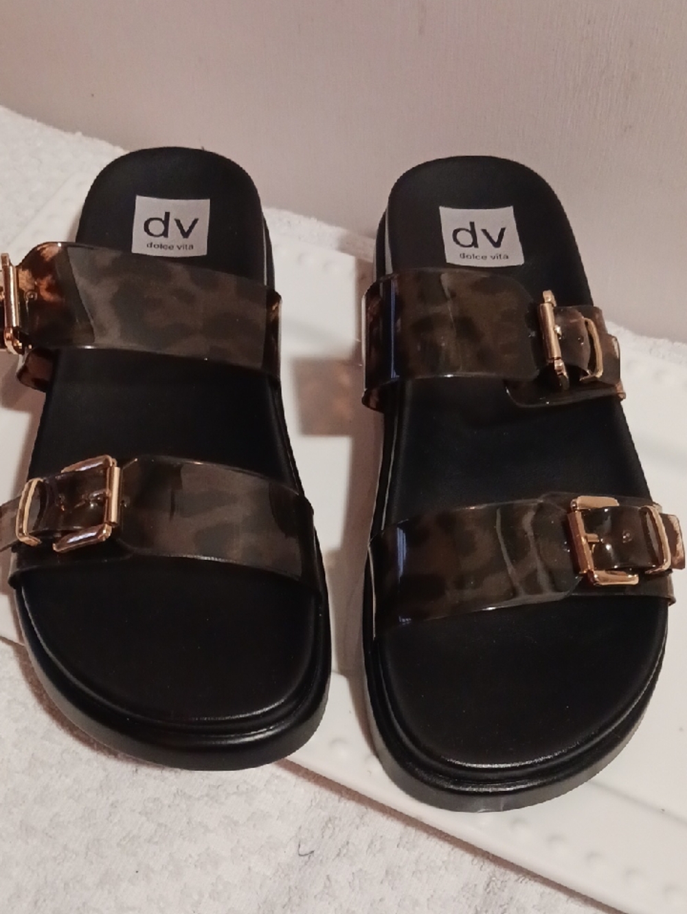 Chic! ⚜️Dolce Vita Black & Brown Tortois Design Slide Sandal Gold Buckle 9.5 ⚜️